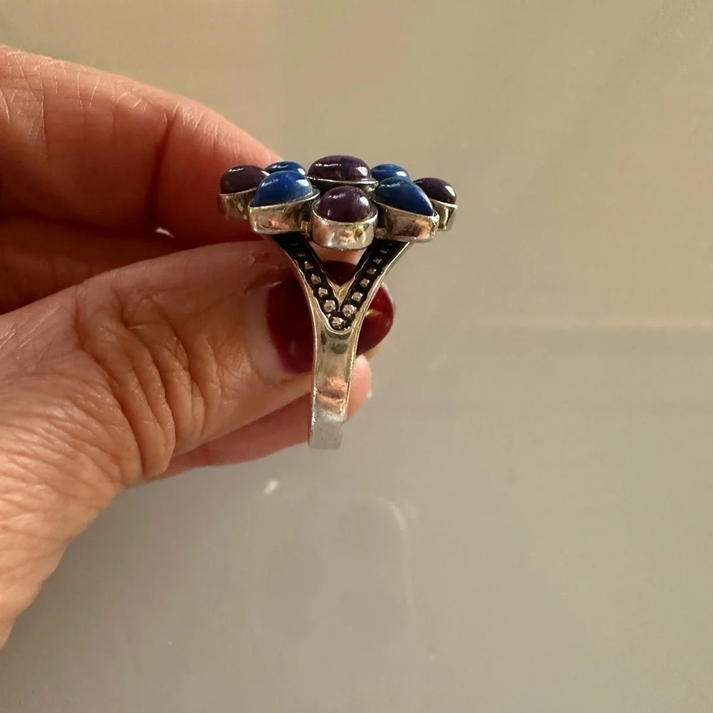 Native American Style 925 Sterling Silver Lapis & Purple Turquoise Cluster Ring